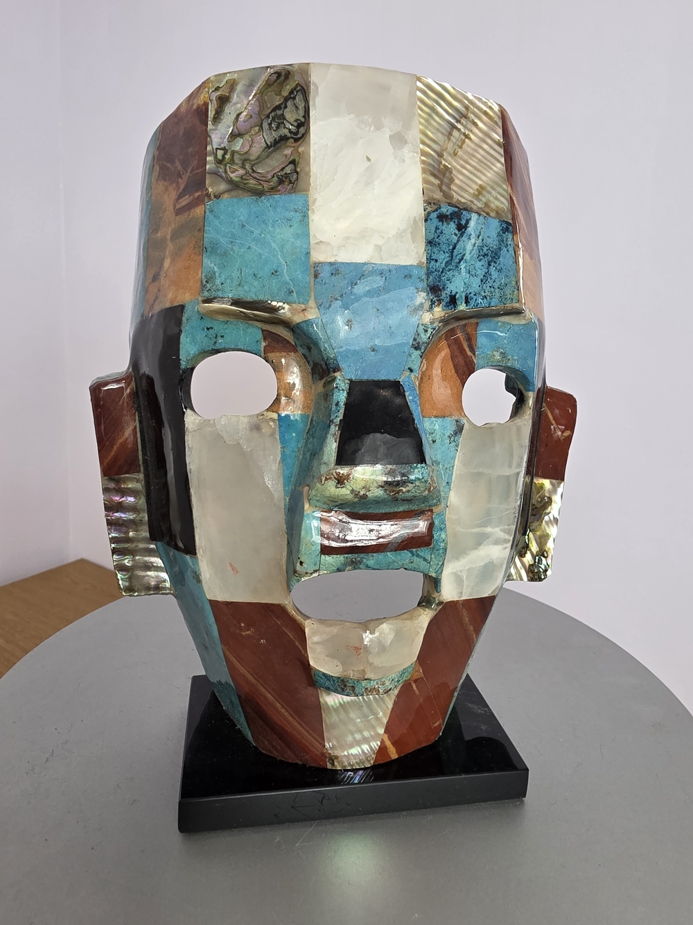 Handcrafted Mosaic Face Sculpture - Turquoise, White & Brown